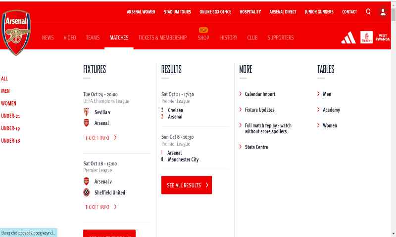 Giao diện lịch thi đấu của Arsenal tại trang web chính của CLB